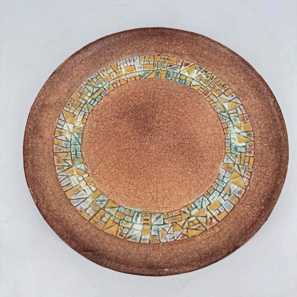 Vintage Sascha Brastoff M9 Brown Mosaic California Art Pottery Plate 11 3/8”